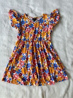 Flowery Flutter-Sleeve Kids Dress in Yellow and Blue